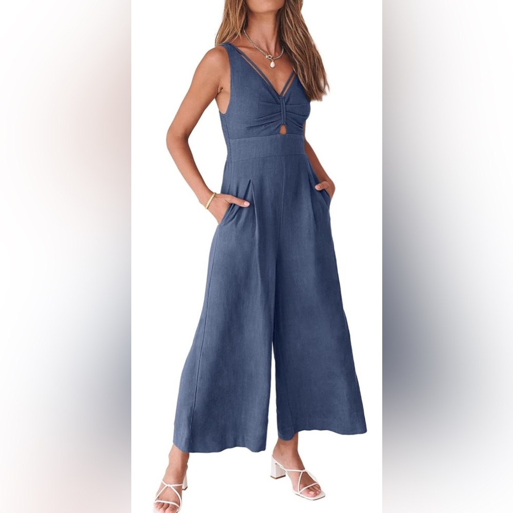 ANRABESS Women's Summer Wide Leg Linen Jumpsuits Dressy V Neck Sleeveless Size S